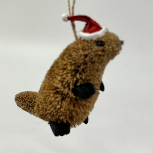 Brown Bottle Brush Animal Ornament Beaver Santa Hat 3" Rustic Holiday Hanging - Picture 2 of 6